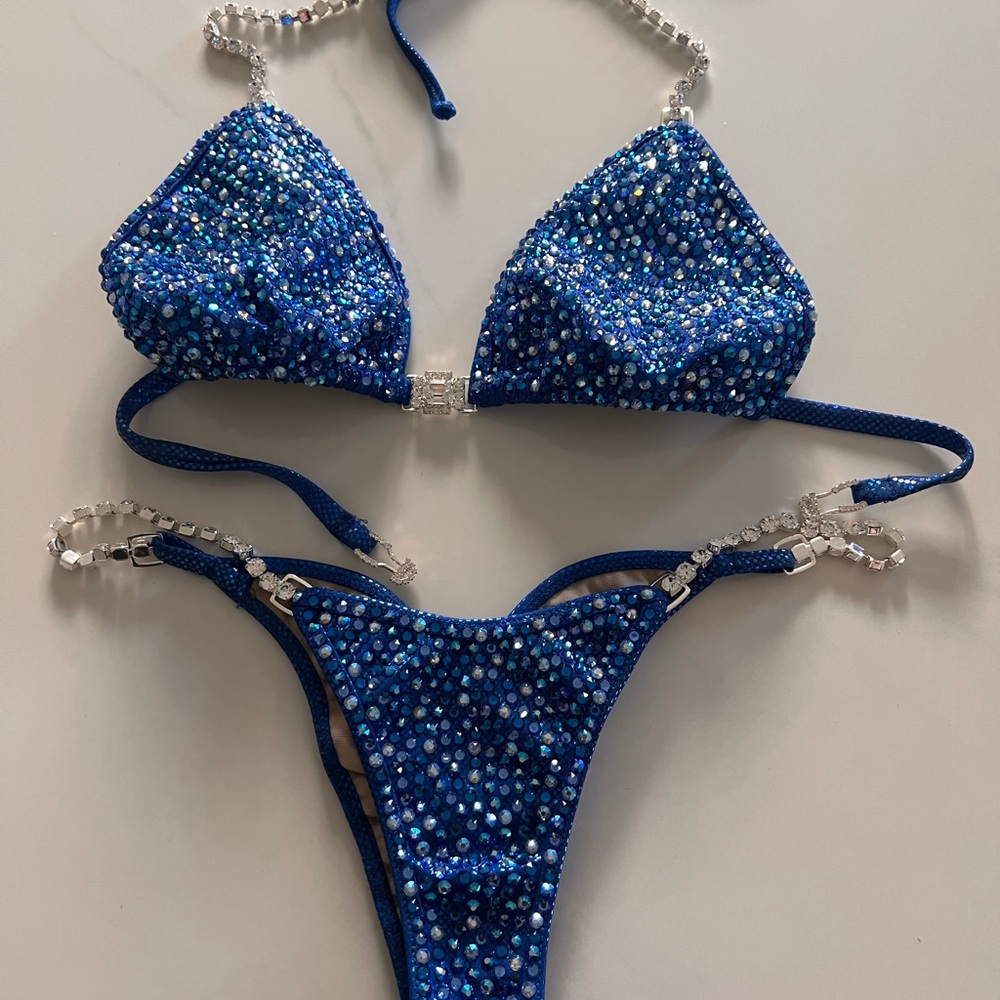 Electric Blue Competition Bikini Suit Full Crystal coverage. Pro cut.